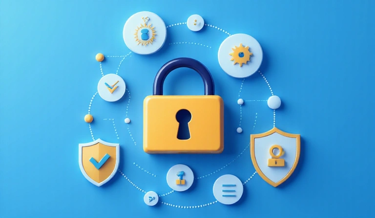 Eine digitale Darstellung von Datenschutzsymbolen wie einem Schloss und einem Schild, die Sicherheit und Privatsphäre im Online-Bereich symbolisieren.
